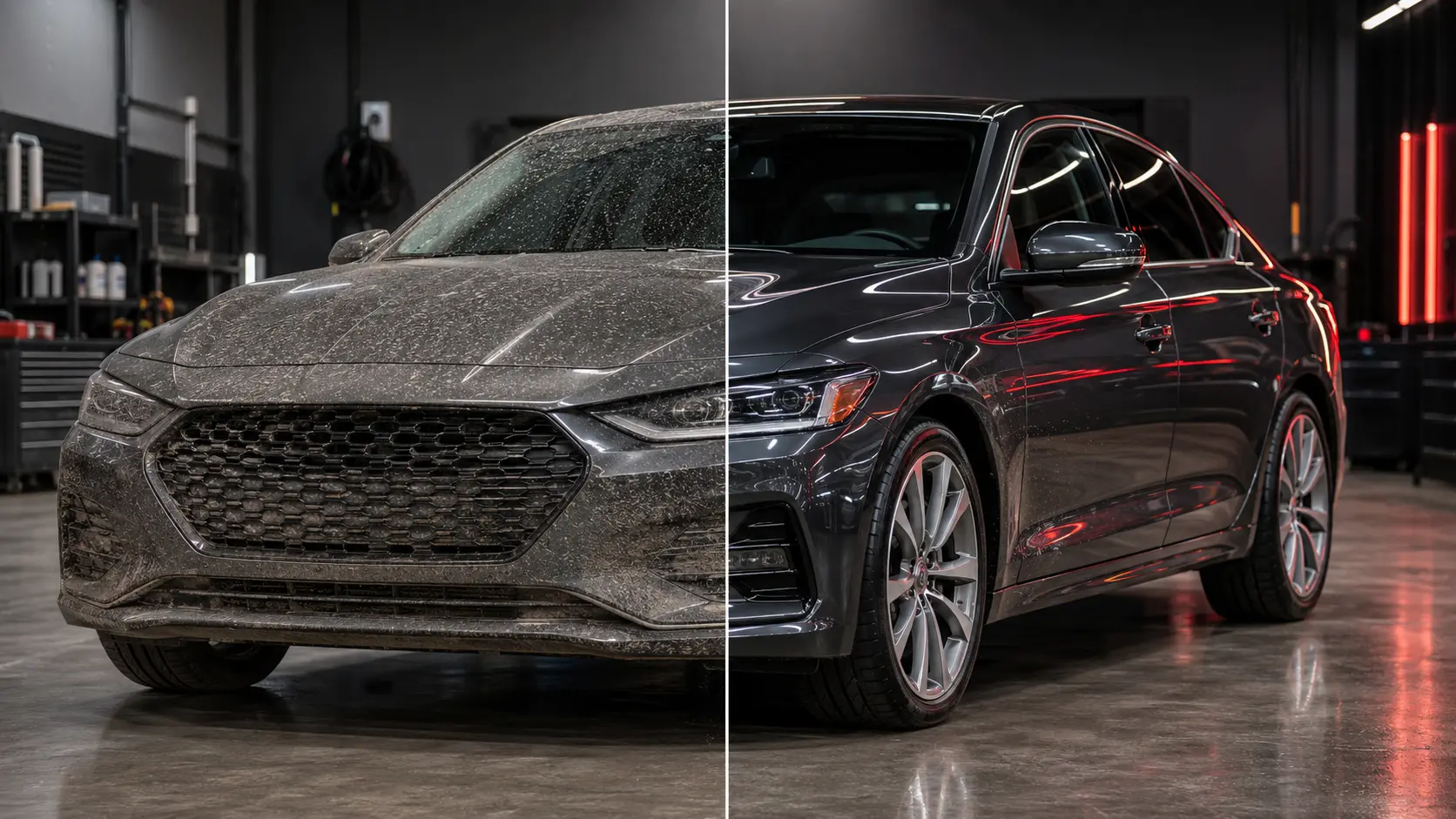 Comparación del mismo automóvil antes y después del lavado